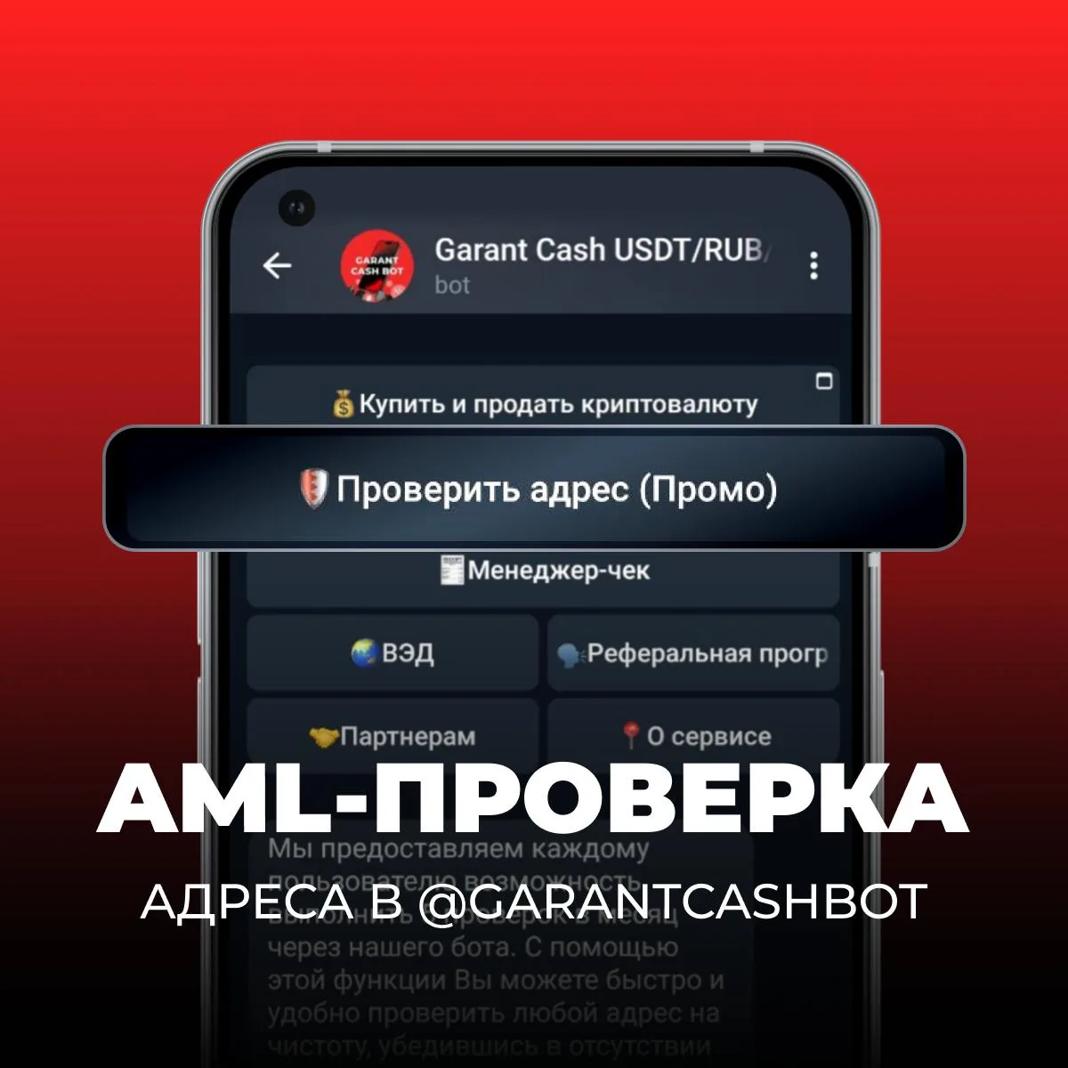 Скриншот сервиса GarantCash с формой AML‑проверки криптовалютного адреса перед отправкой платежа